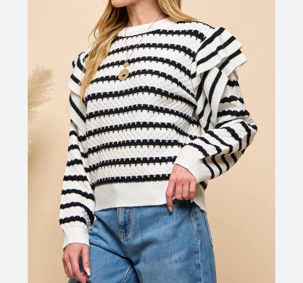 Cezele White/Black Stripe Ruffle Trim Sweater Sz M
